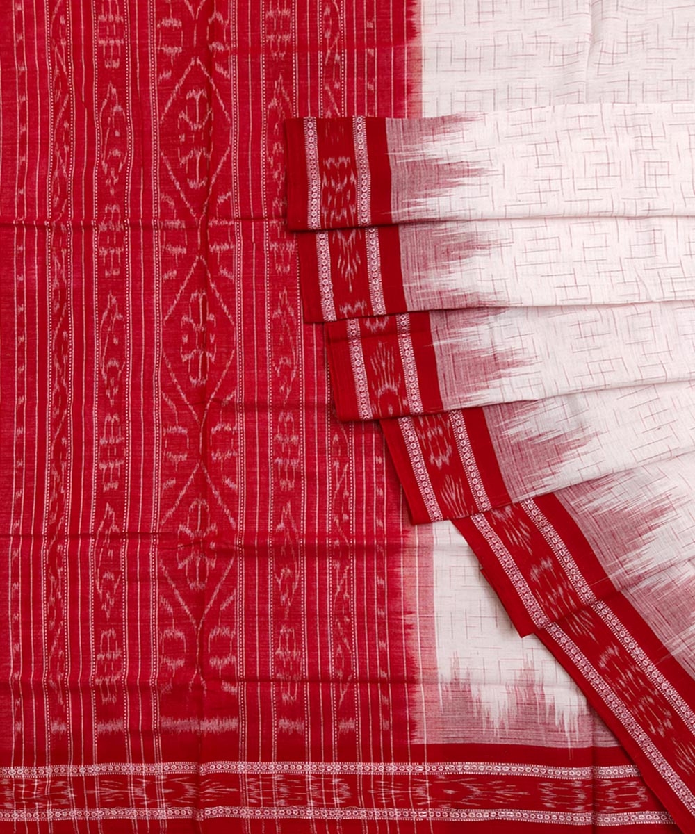 White Red Sambalpuri Handwoven Single Ikat Cotton Saree Image 1