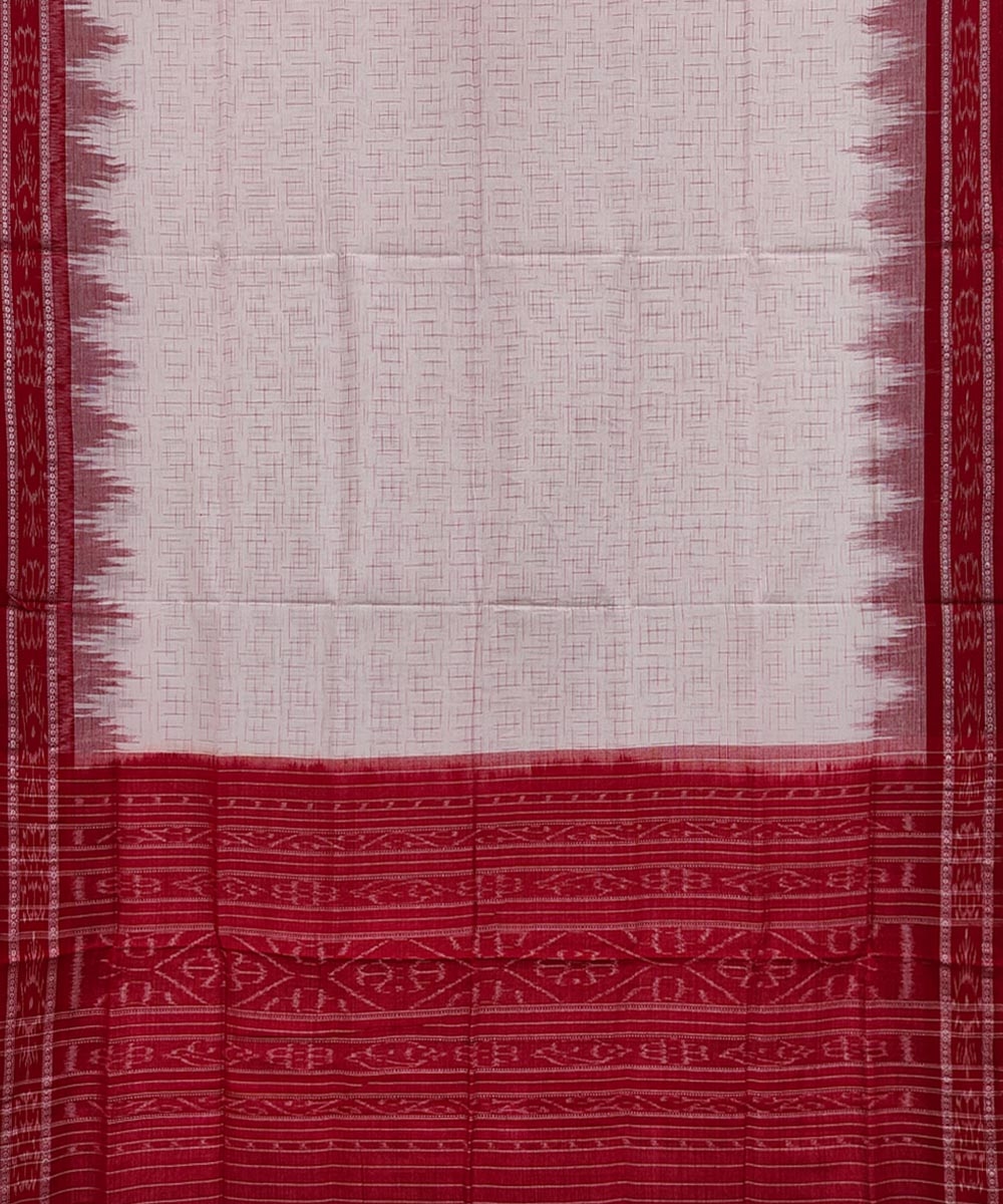 White Red Sambalpuri Handwoven Single Ikat Cotton Saree Image 2