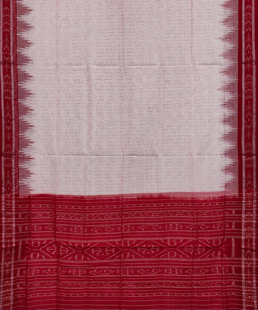 White Red Sambalpuri Handwoven Single Ikat Cotton Saree Image 2