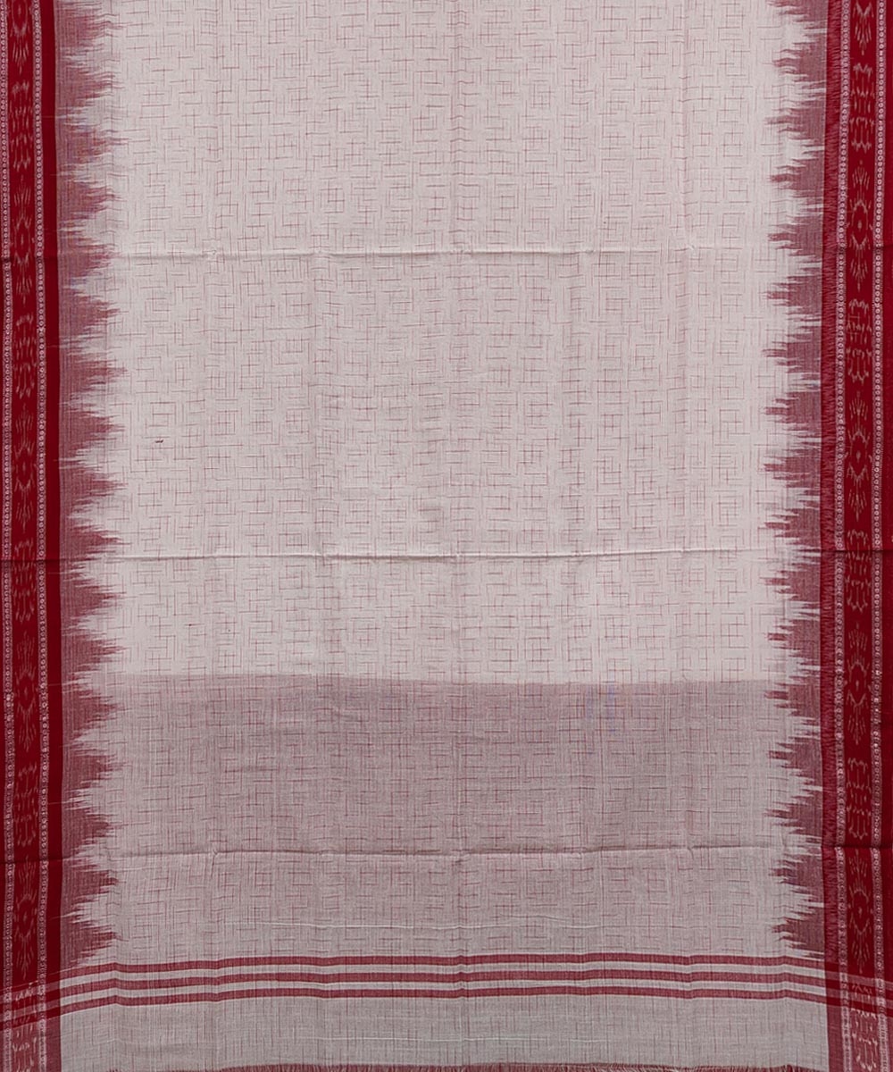 White Red Sambalpuri Handwoven Single Ikat Cotton Saree Image 3