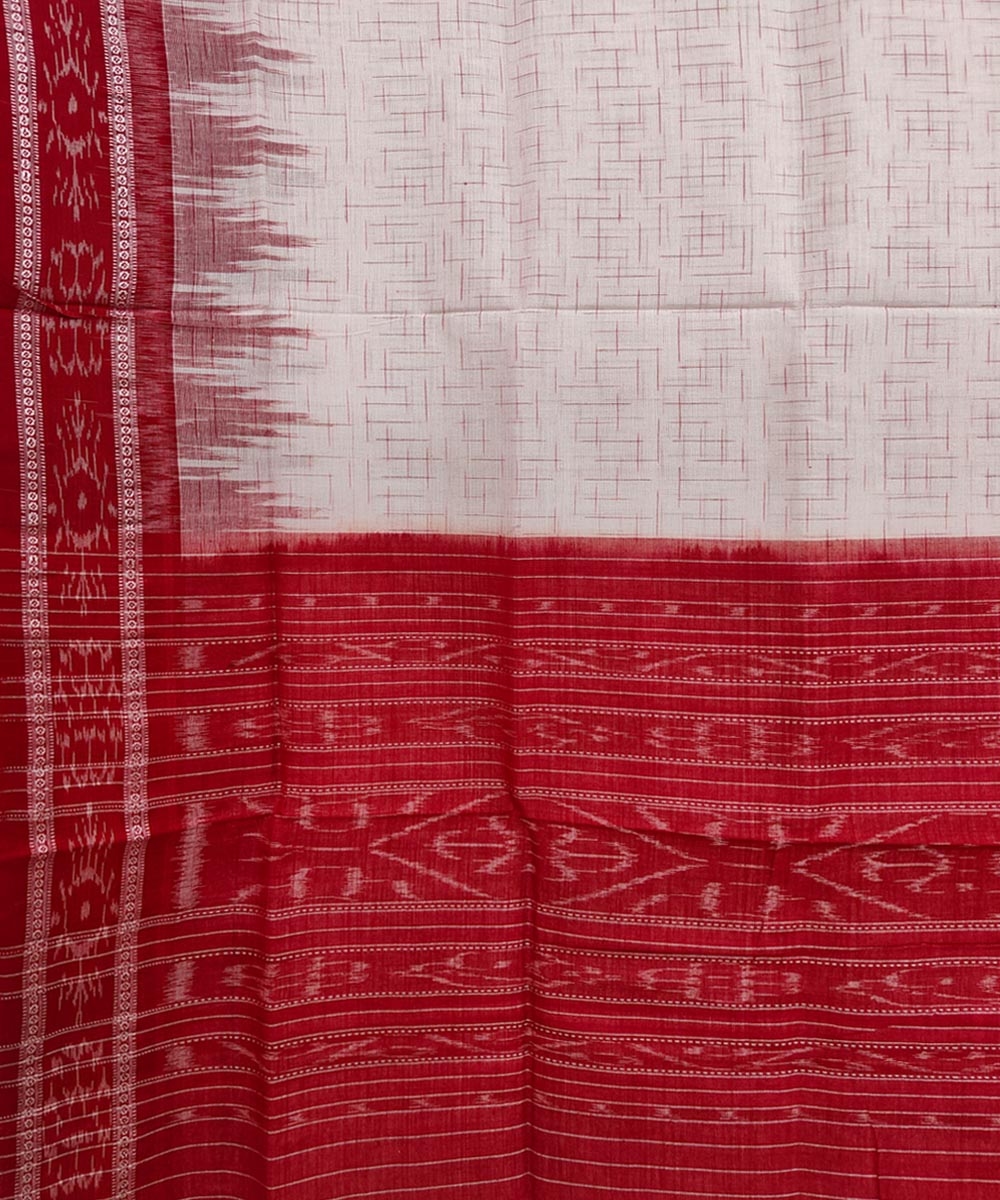 White Red Sambalpuri Handwoven Single Ikat Cotton Saree Image 4