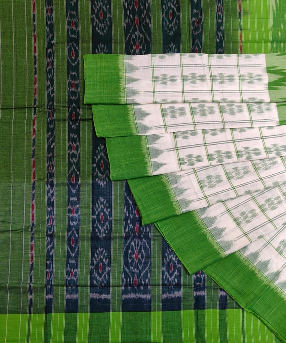 White Green Sambalpuri Handwoven Single Ikat Cotton Saree Image 1