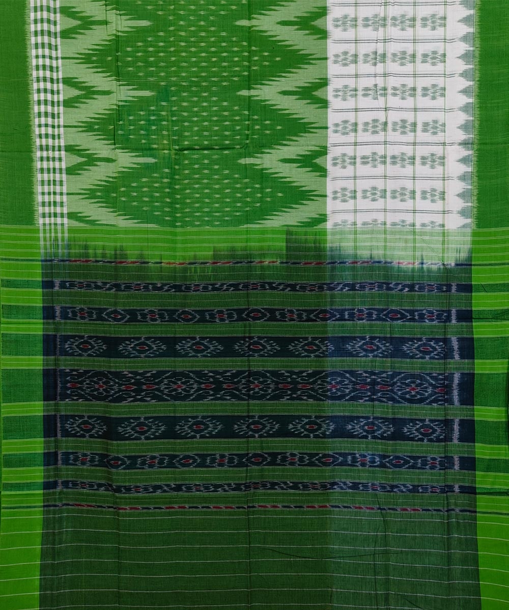 White Green Sambalpuri Handwoven Single Ikat Cotton Saree Image 2