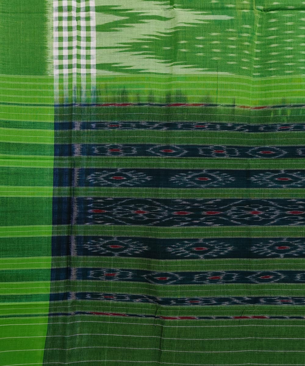 White Green Sambalpuri Handwoven Single Ikat Cotton Saree Image 4