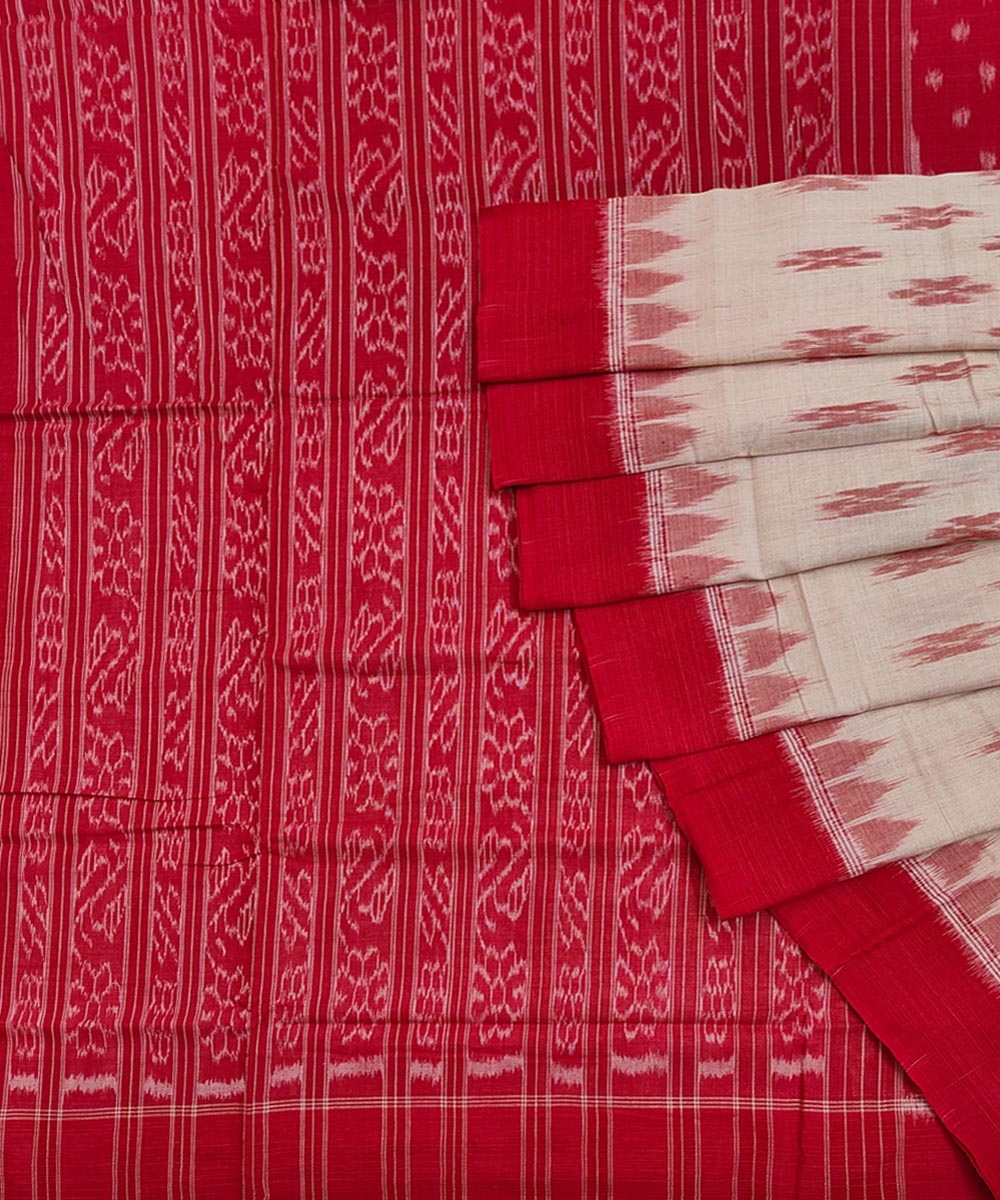 White Red Sambalpuri Handwoven Single Ikat Cotton Saree SFCSAR1787