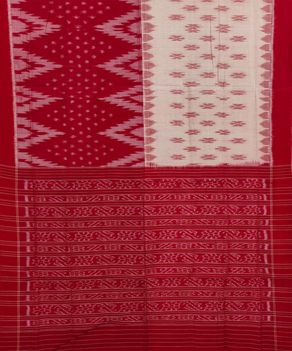 White Red Sambalpuri Handwoven Single Ikat Cotton Saree Image 2