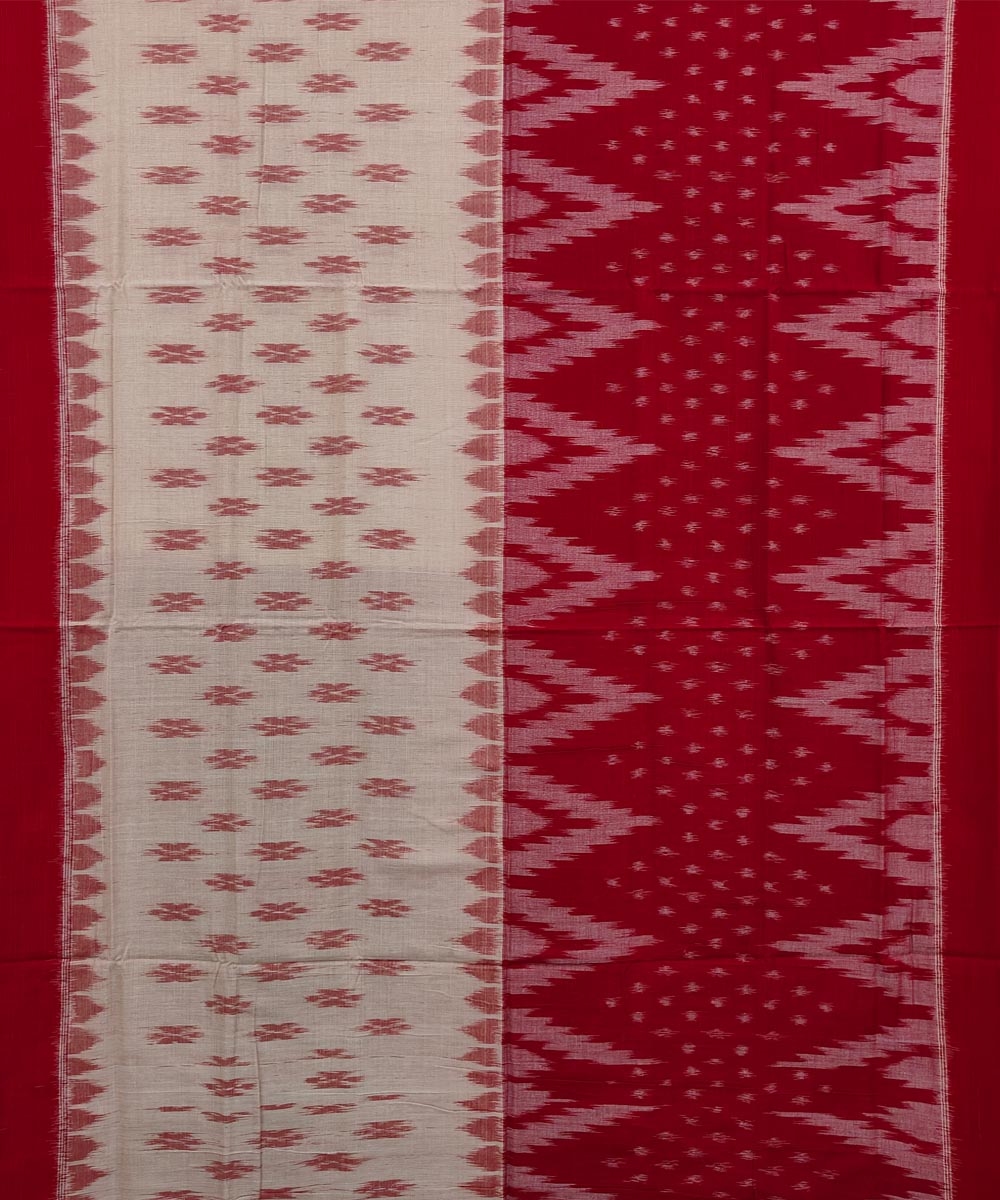 White Red Sambalpuri Handwoven Single Ikat Cotton Saree Image 3