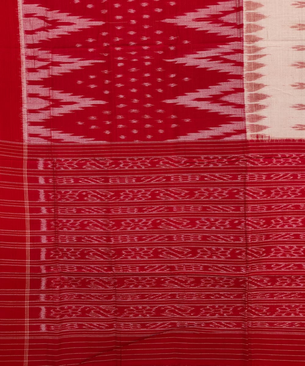 White Red Sambalpuri Handwoven Single Ikat Cotton Saree Image 4