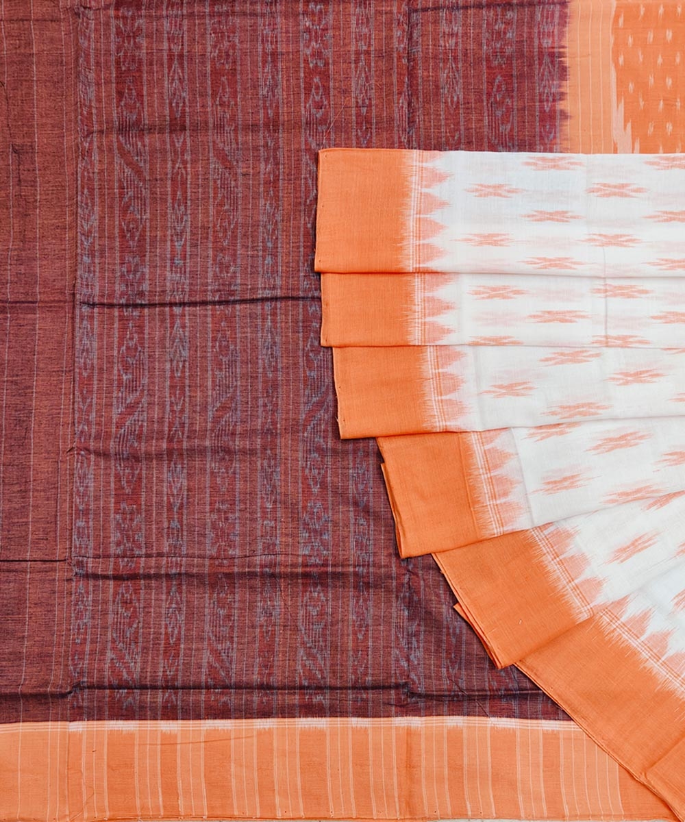 Orange White Sambalpuri Handwoven Single Ikat Cotton Saree SFCSAR1788