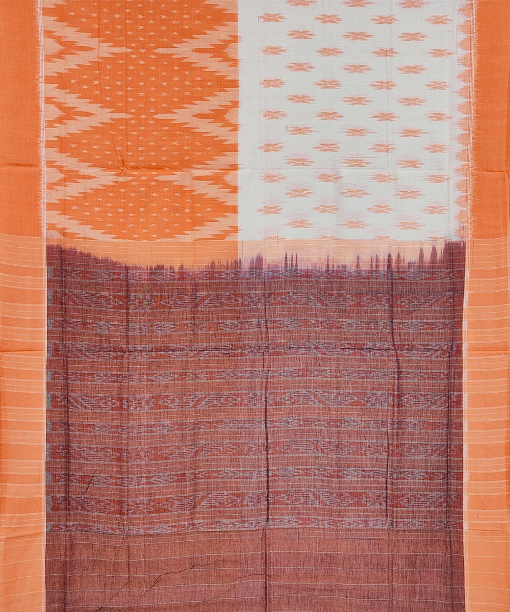 Orange White Sambalpuri Handwoven Single Ikat Cotton Saree Image 2