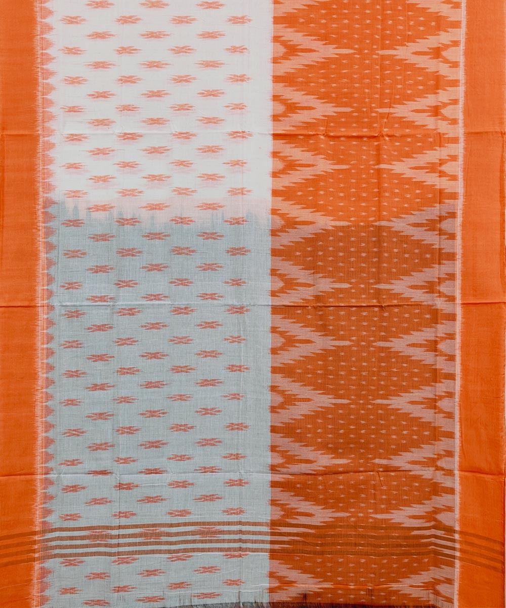 Orange White Sambalpuri Handwoven Single Ikat Cotton Saree Image 3