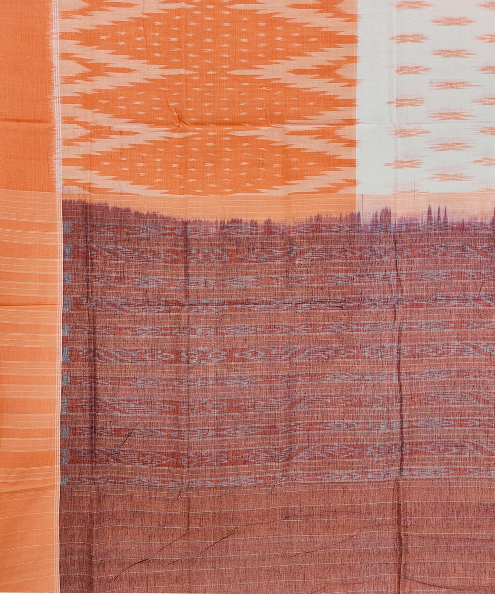 Orange White Sambalpuri Handwoven Single Ikat Cotton Saree Image 4