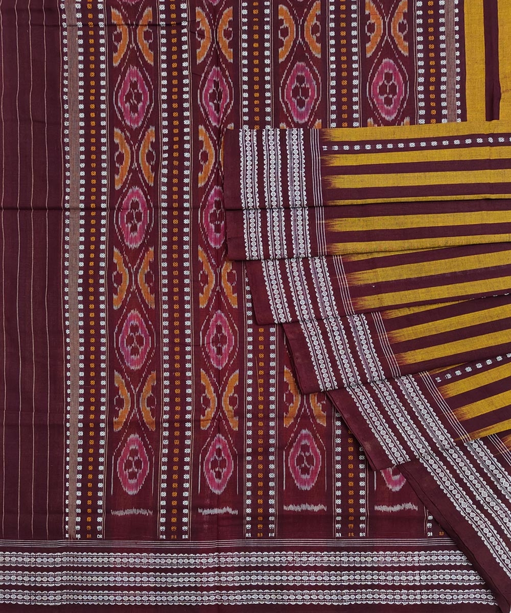Yellow Maroon Sambalpuri Handwoven Single Ikat Cotton Saree Image 1