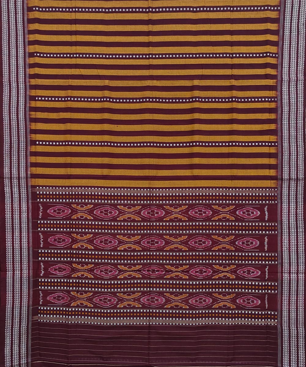 Yellow Maroon Sambalpuri Handwoven Single Ikat Cotton Saree Image 2