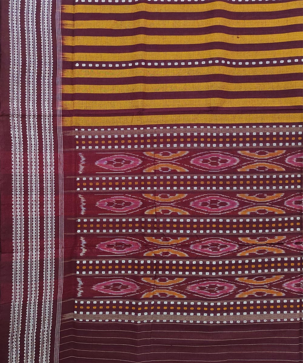 Yellow Maroon Sambalpuri Handwoven Single Ikat Cotton Saree Image 4