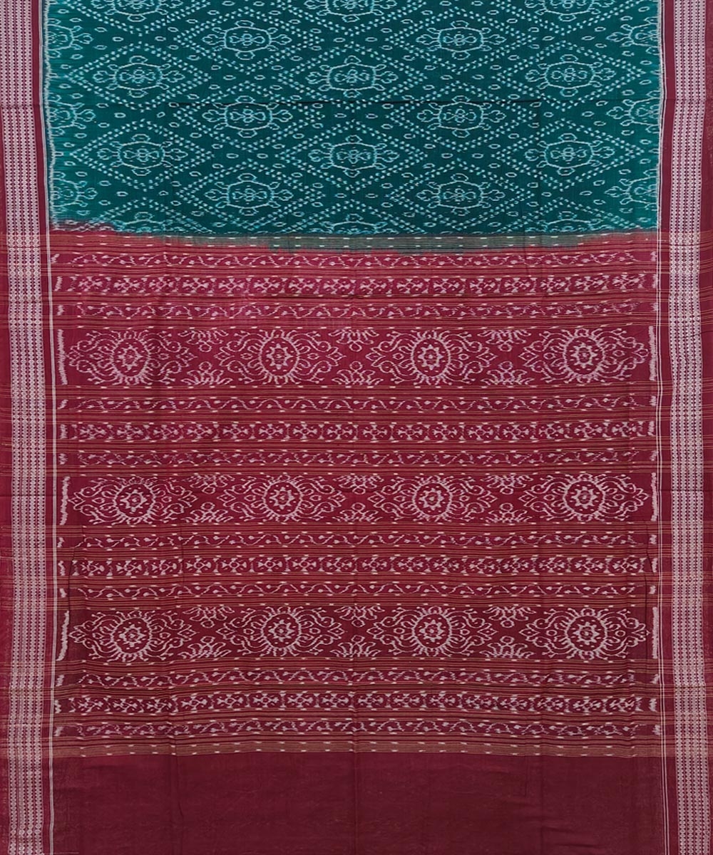 Green Maroon Sambalpuri Handwoven Single Ikat Cotton Saree Image 2