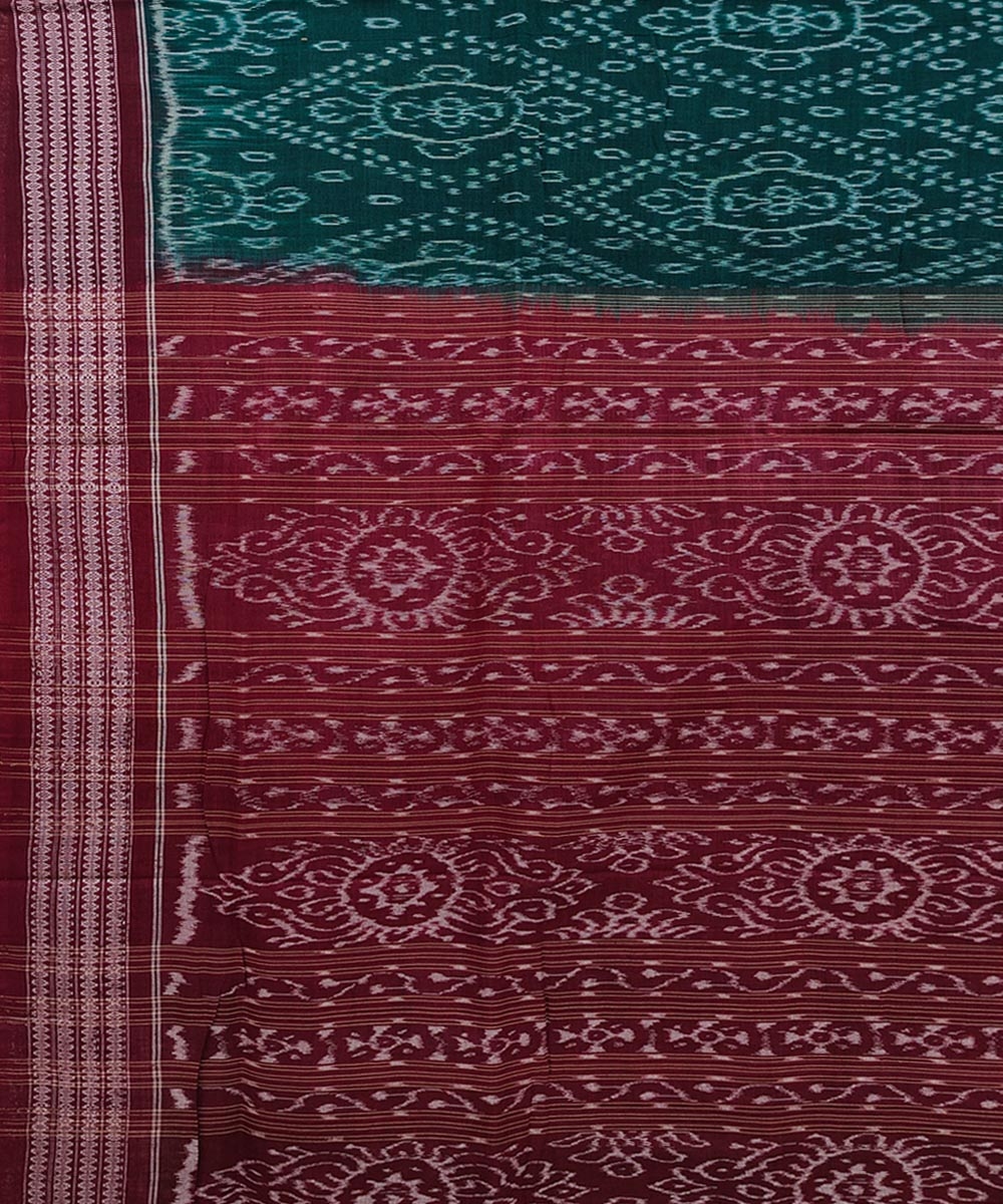 Green Maroon Sambalpuri Handwoven Single Ikat Cotton Saree Image 4