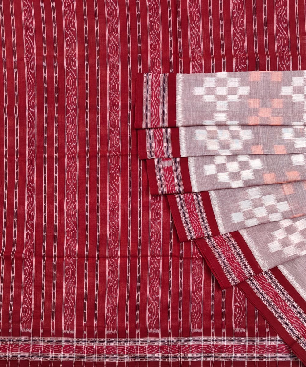 Gray Red Sambalpuri Handwoven Single Ikat Cotton Saree Image 1