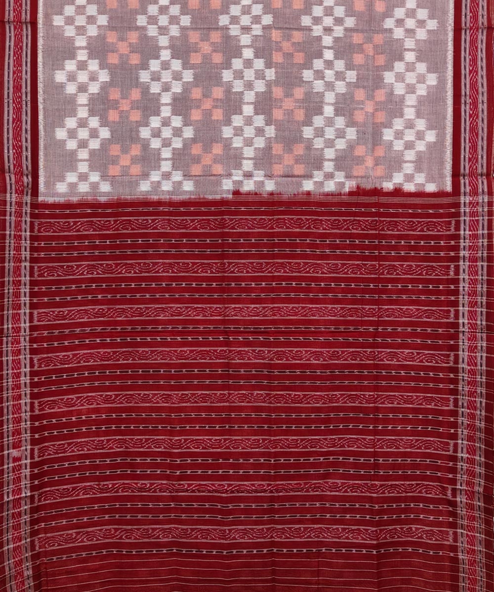 Gray Red Sambalpuri Handwoven Single Ikat Cotton Saree Image 2