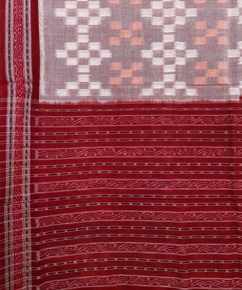 Gray Red Sambalpuri Handwoven Single Ikat Cotton Saree Image 4