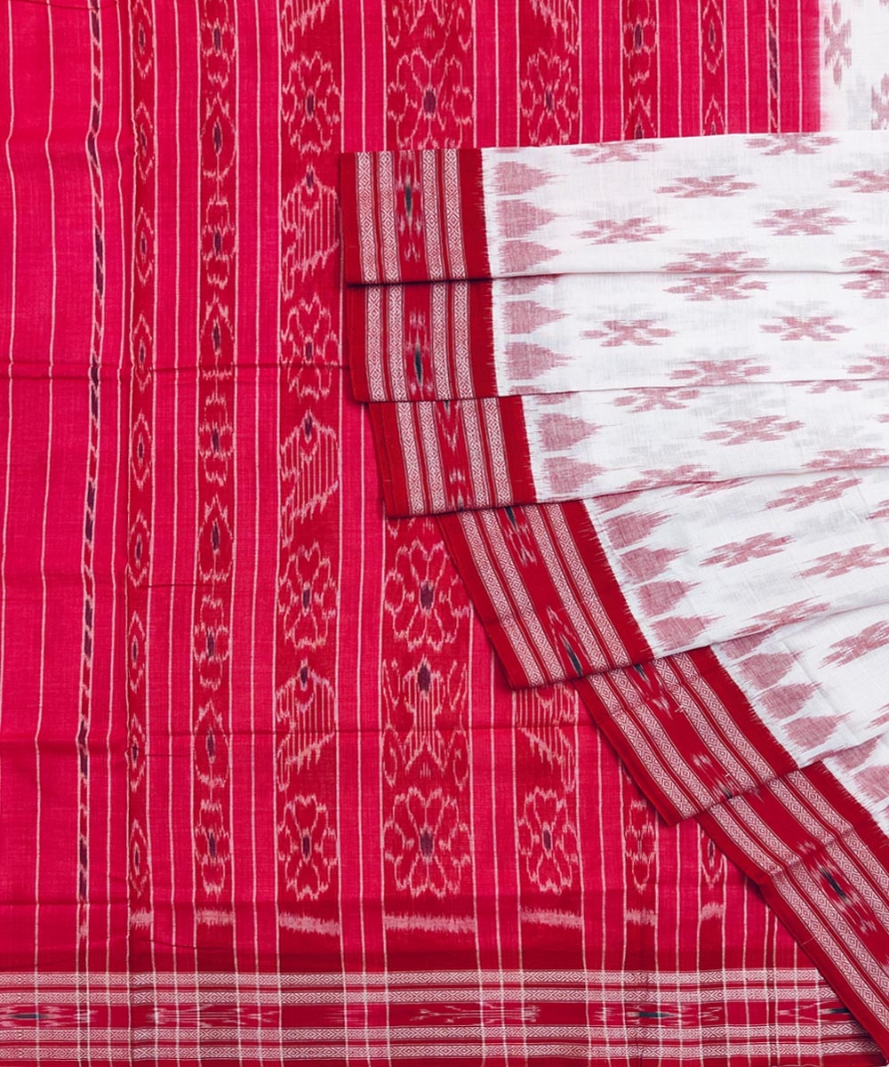 White Red Sambalpuri Handwoven Single Ikat Cotton Saree SFCSAR1794