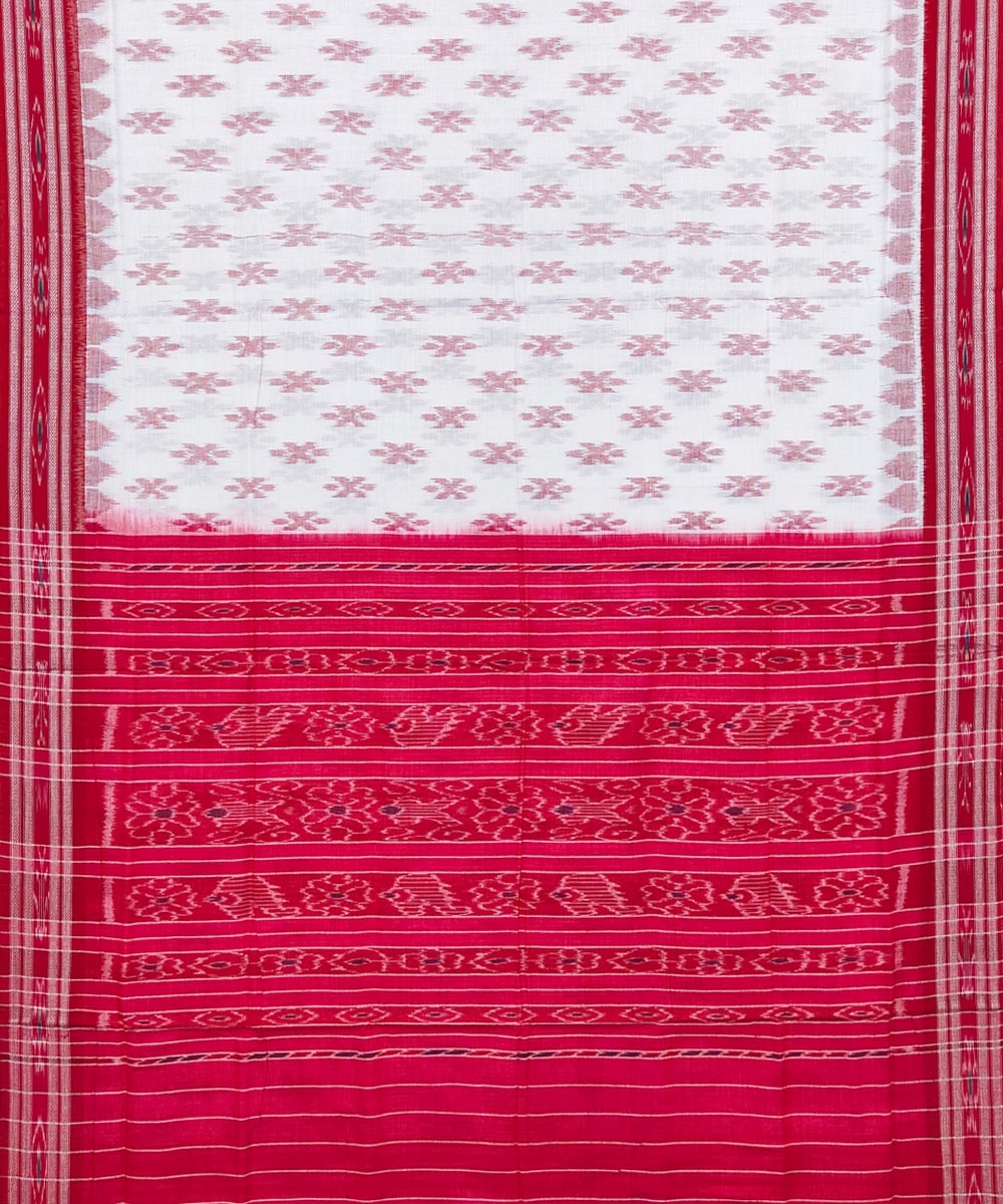 White Red Sambalpuri Handwoven Single Ikat Cotton Saree Image 2