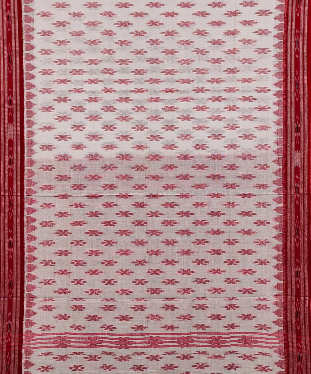 White Red Sambalpuri Handwoven Single Ikat Cotton Saree Image 3