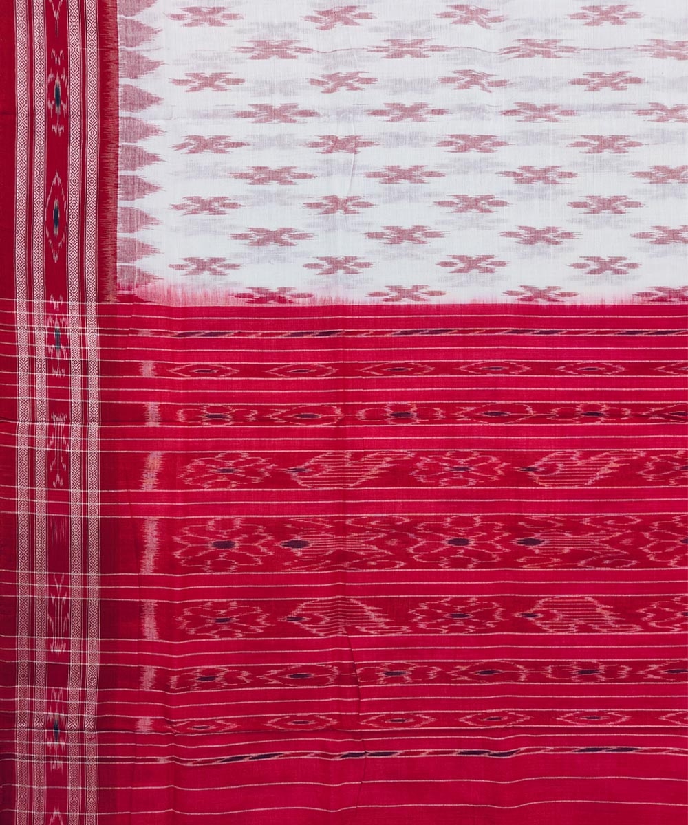 White Red Sambalpuri Handwoven Single Ikat Cotton Saree Image 4