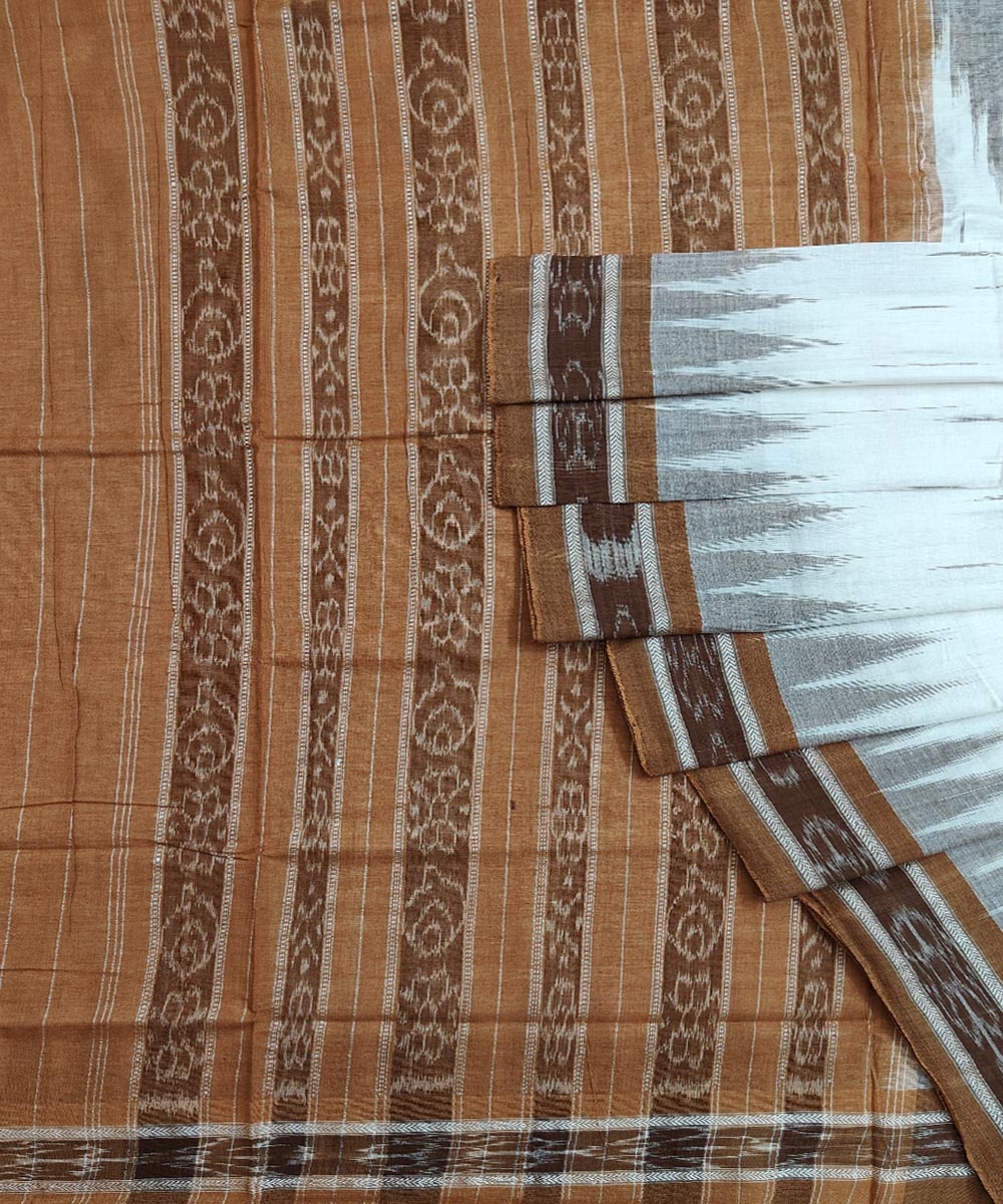 White Brown Sambalpuri Handwoven Single Ikat Cotton Saree Image 1