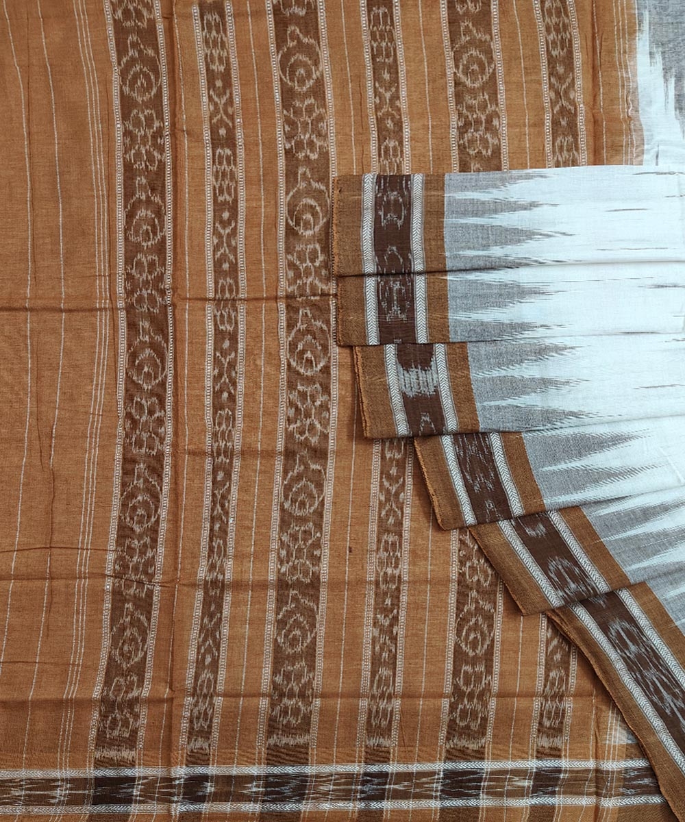 White Brown Sambalpuri Handwoven Single Ikat Cotton Saree SFCSAR1796