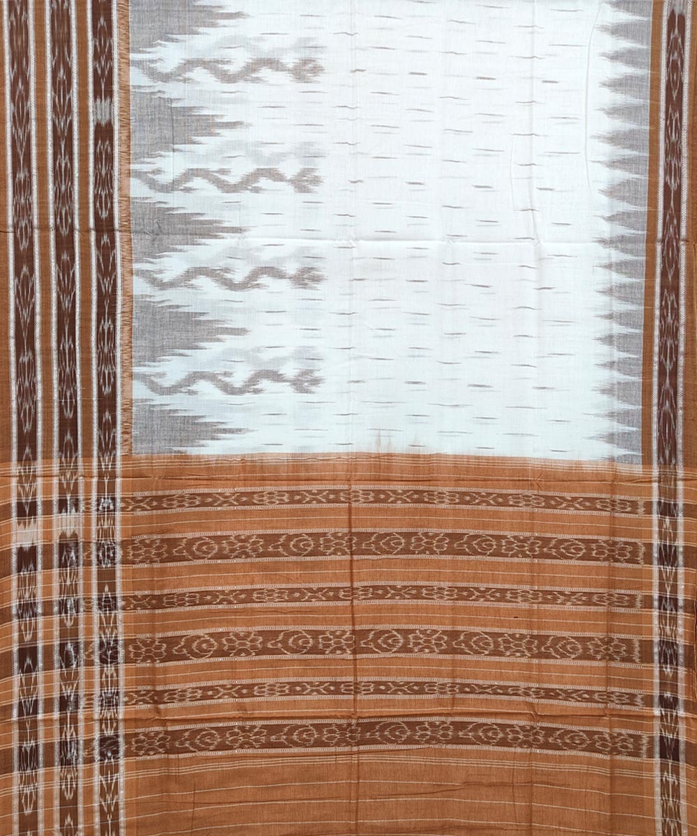 White Brown Sambalpuri Handwoven Single Ikat Cotton Saree Image 2