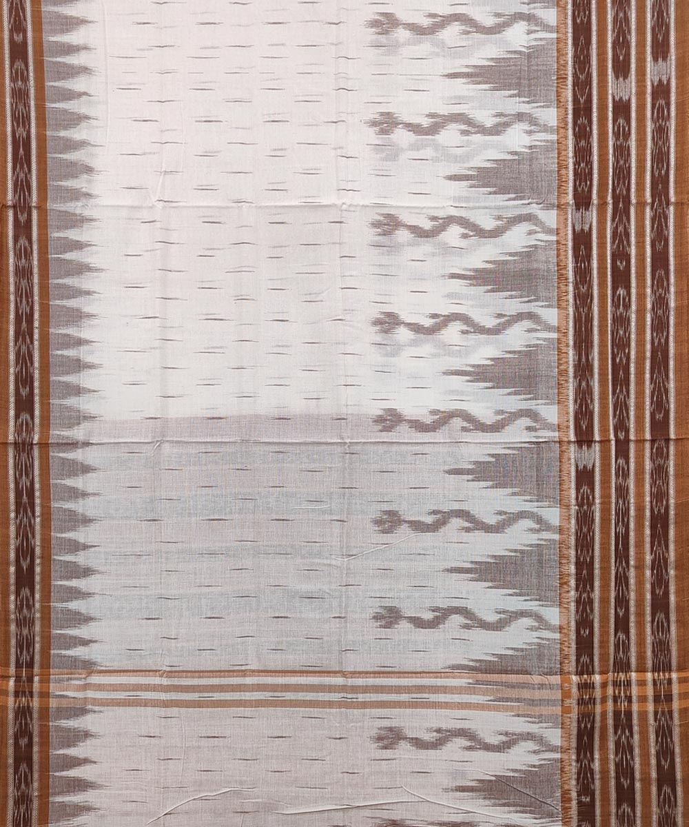 White Brown Sambalpuri Handwoven Single Ikat Cotton Saree Image 3