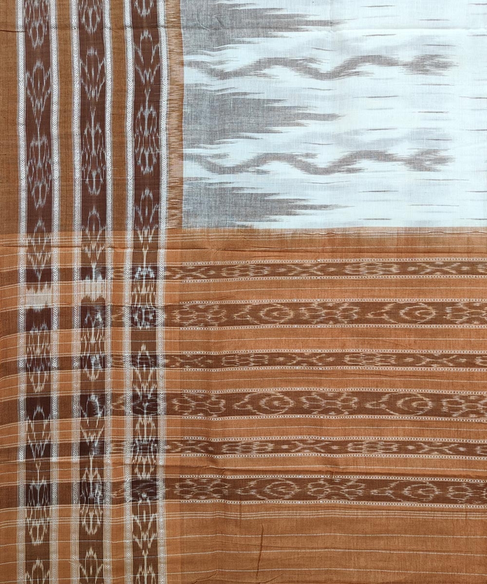 White Brown Sambalpuri Handwoven Single Ikat Cotton Saree Image 4