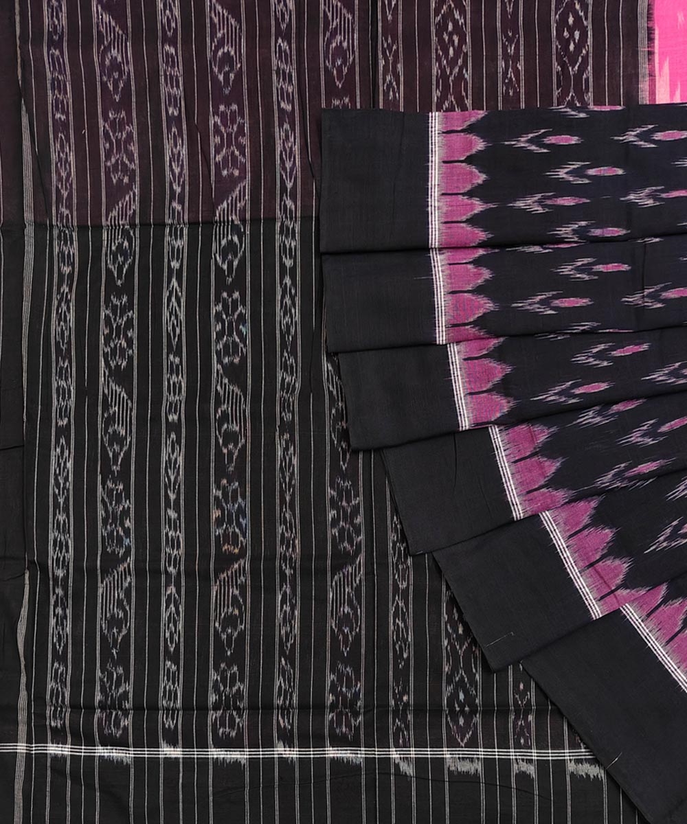 Pink Black Sambalpuri Handwoven Single Ikat Cotton Saree SFCSAR1797