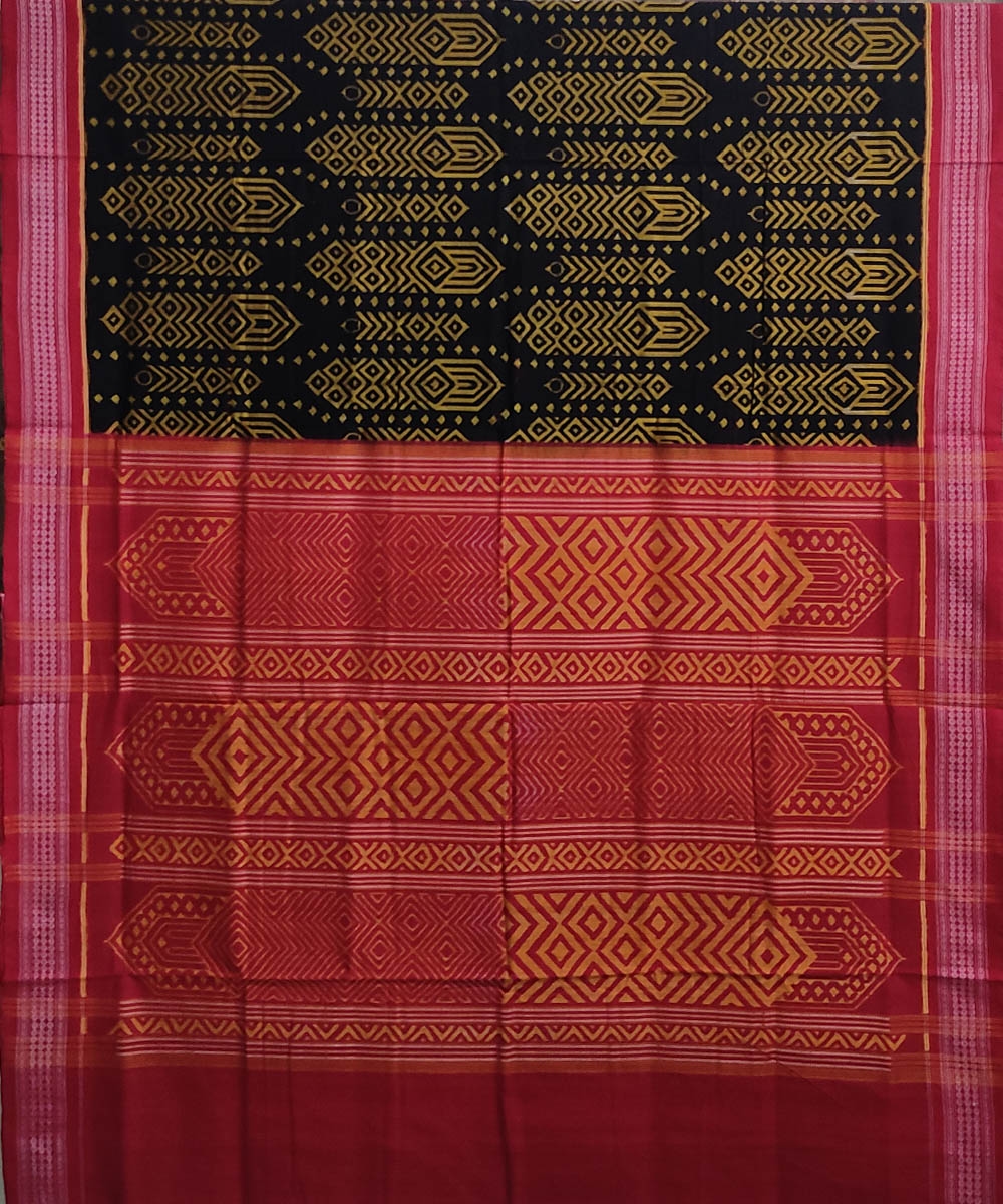 Black Red Sambalpuri Handwoven Single Ikat Cotton Saree Image 3