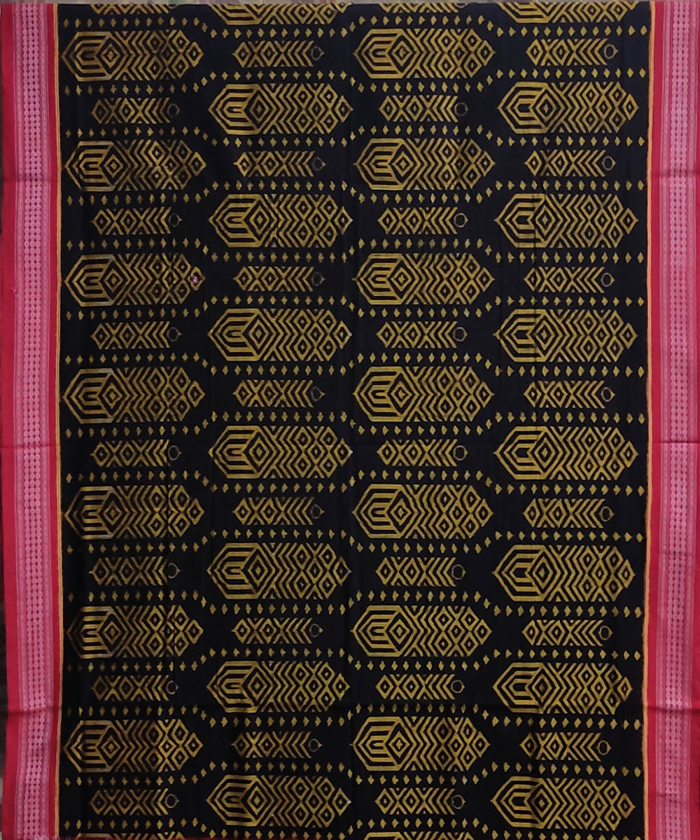 Black Red Sambalpuri Handwoven Single Ikat Cotton Saree Image 2