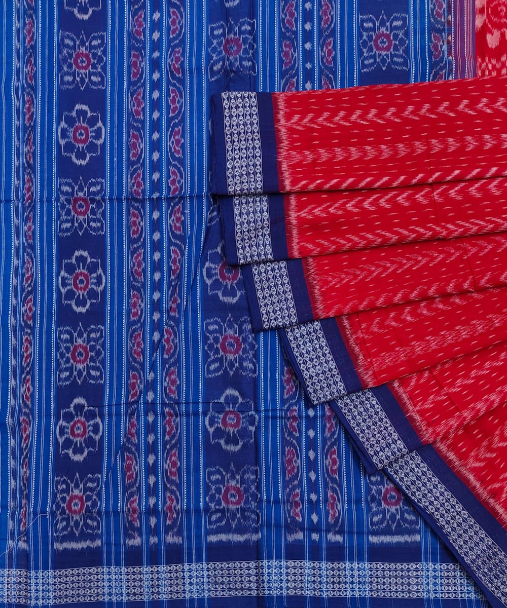 Red Blue Sambalpuri Handwoven Single Ikat Cotton Saree SFCSAR1800