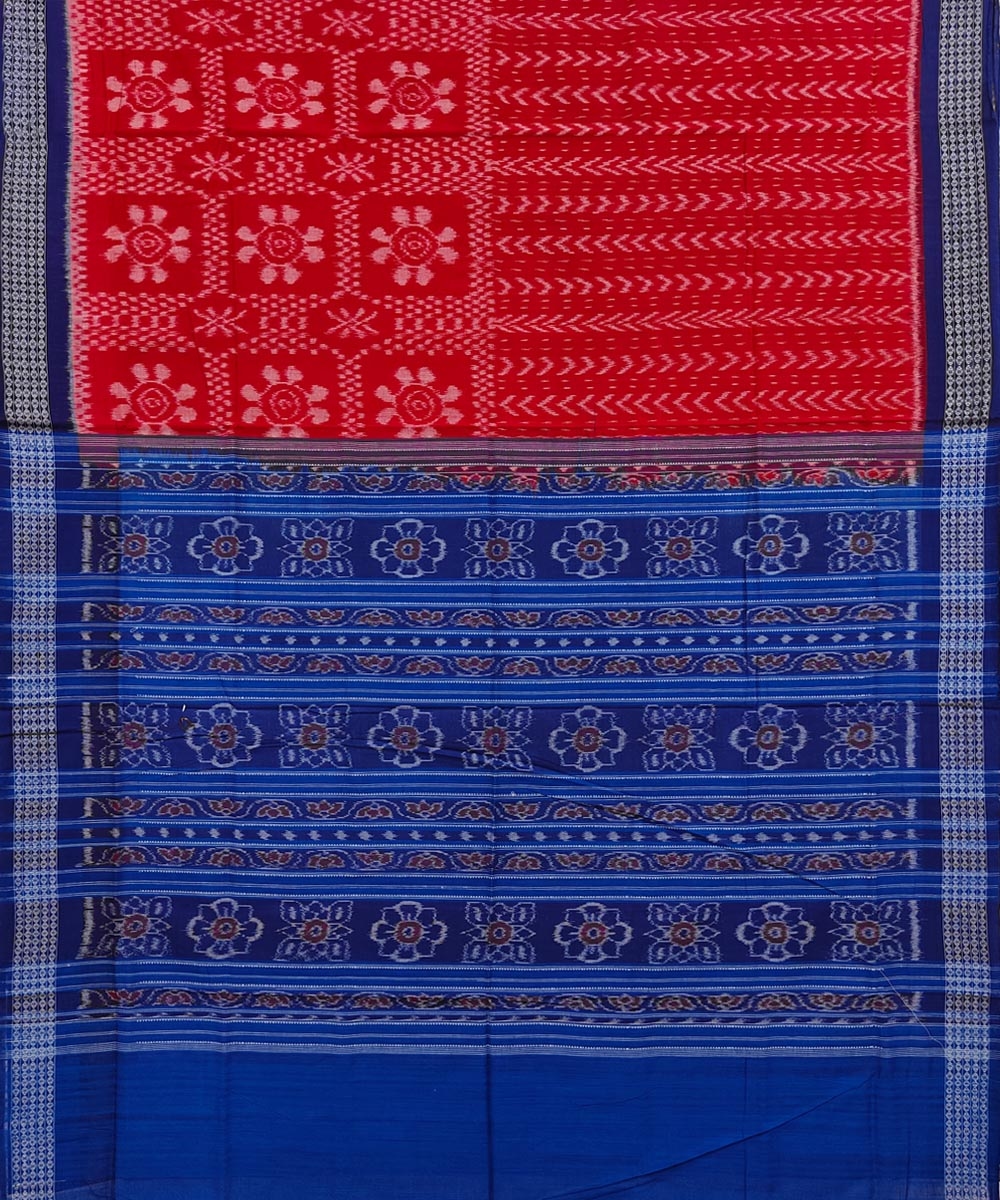 Red Blue Sambalpuri Handwoven Single Ikat Cotton Saree Image 2