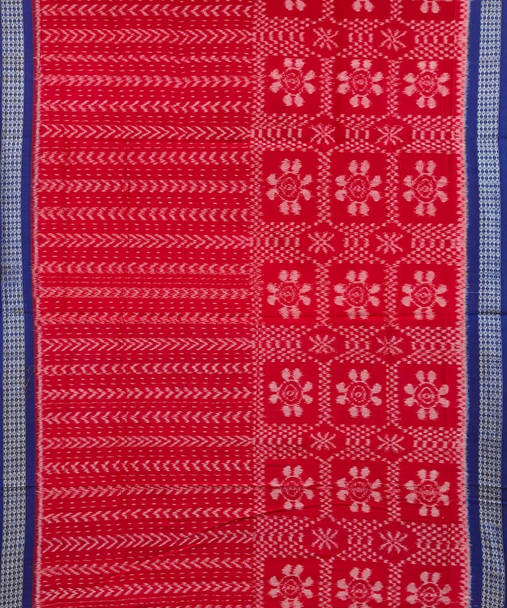 Red Blue Sambalpuri Handwoven Single Ikat Cotton Saree Image 3