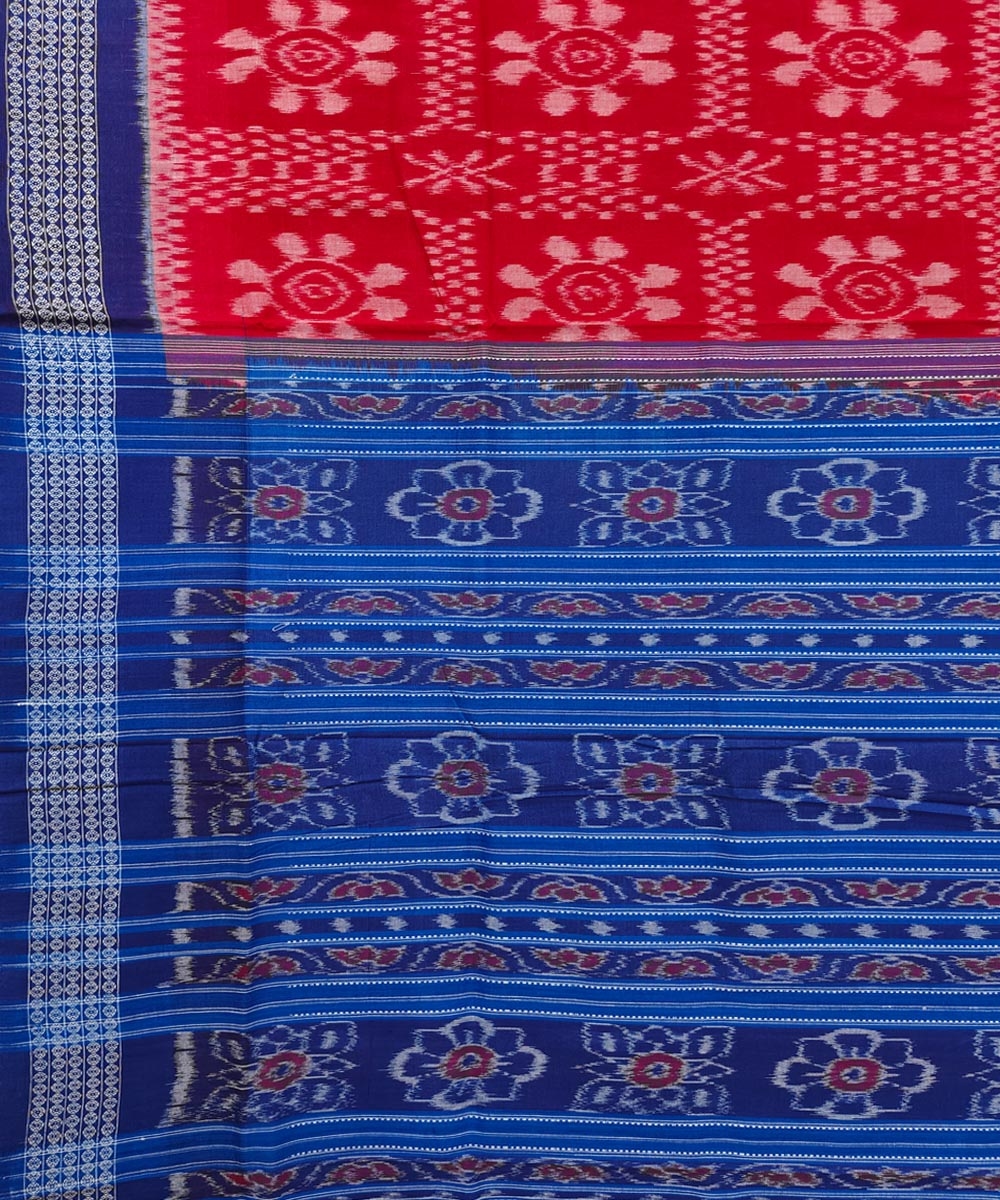 Red Blue Sambalpuri Handwoven Single Ikat Cotton Saree Image 4