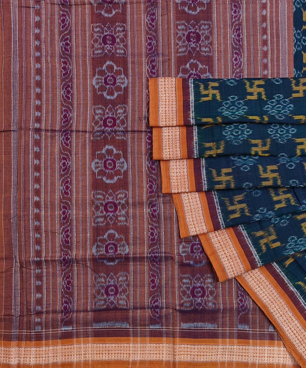 Green Brown Sambalpuri Handwoven Single Ikat Cotton Saree SFCSAR1801