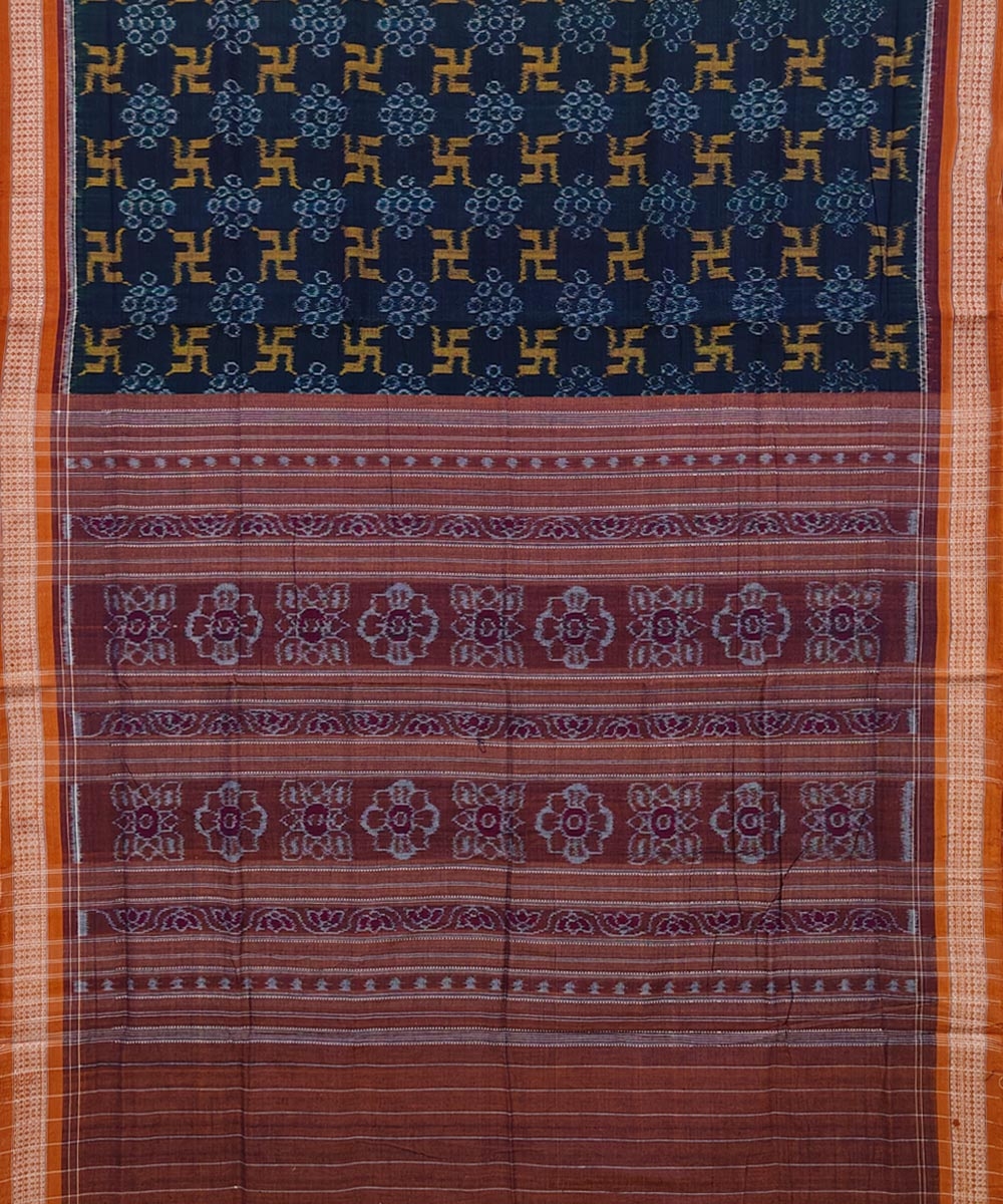 Green Brown Sambalpuri Handwoven Single Ikat Cotton Saree Image 2