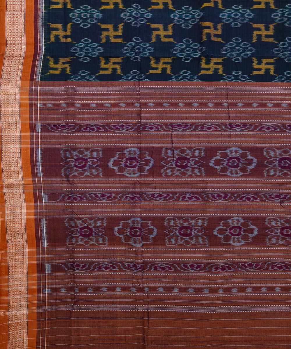 Green Brown Sambalpuri Handwoven Single Ikat Cotton Saree Image 4