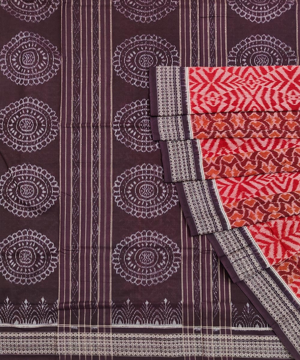 Red Coffee Sambalpuri Handwoven Single Ikat Cotton Saree SFCSAR1802