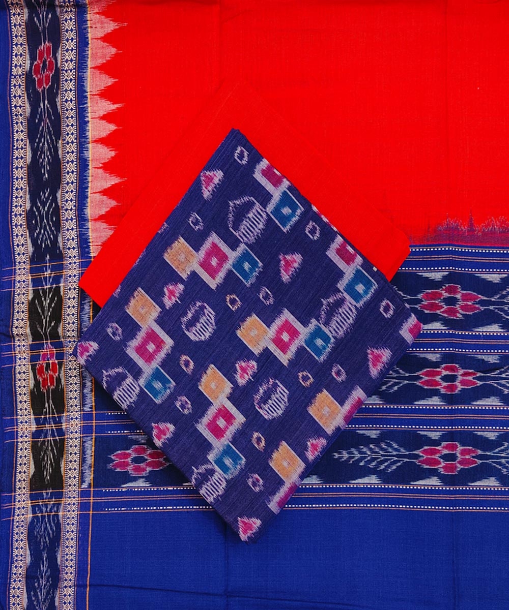 Blue Red Sambalpuri Handwoven Single Ikat Suit Set SFCSUT1811