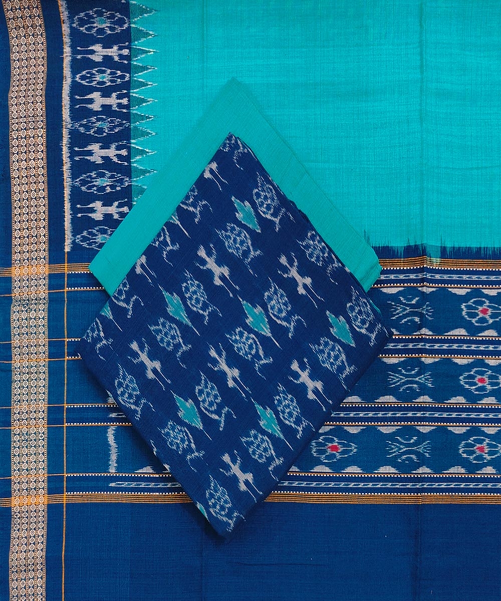 Blue Green Sambalpuri Handwoven Single Ikat Suit Set SFCSUT1813