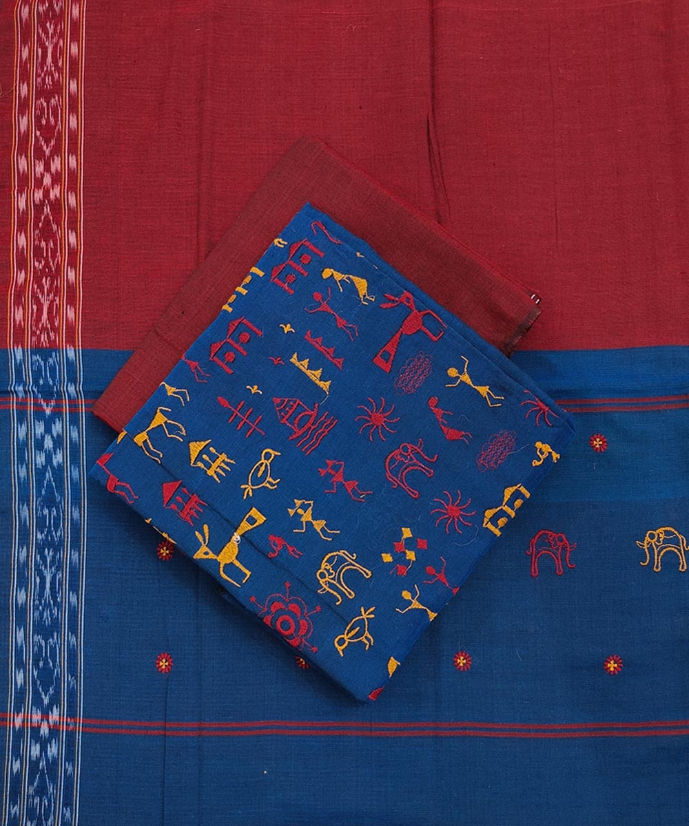 Blue Maroon Sambalpuri Handwoven Single Ikat Suit Set SFCSUT1816