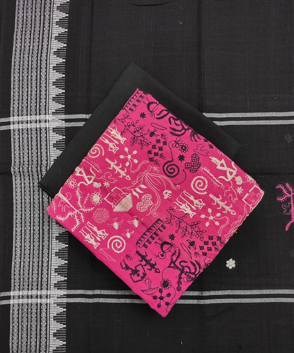 Pink Black Sambalpuri Handwoven Single Ikat Suit Set SFCSUT1817