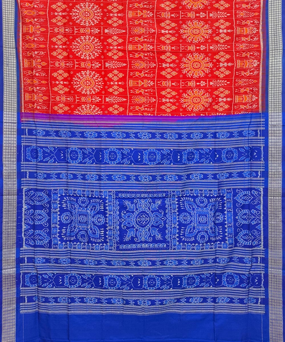 Red Blue Sambalpuri Handwoven Silk Saree Image 2