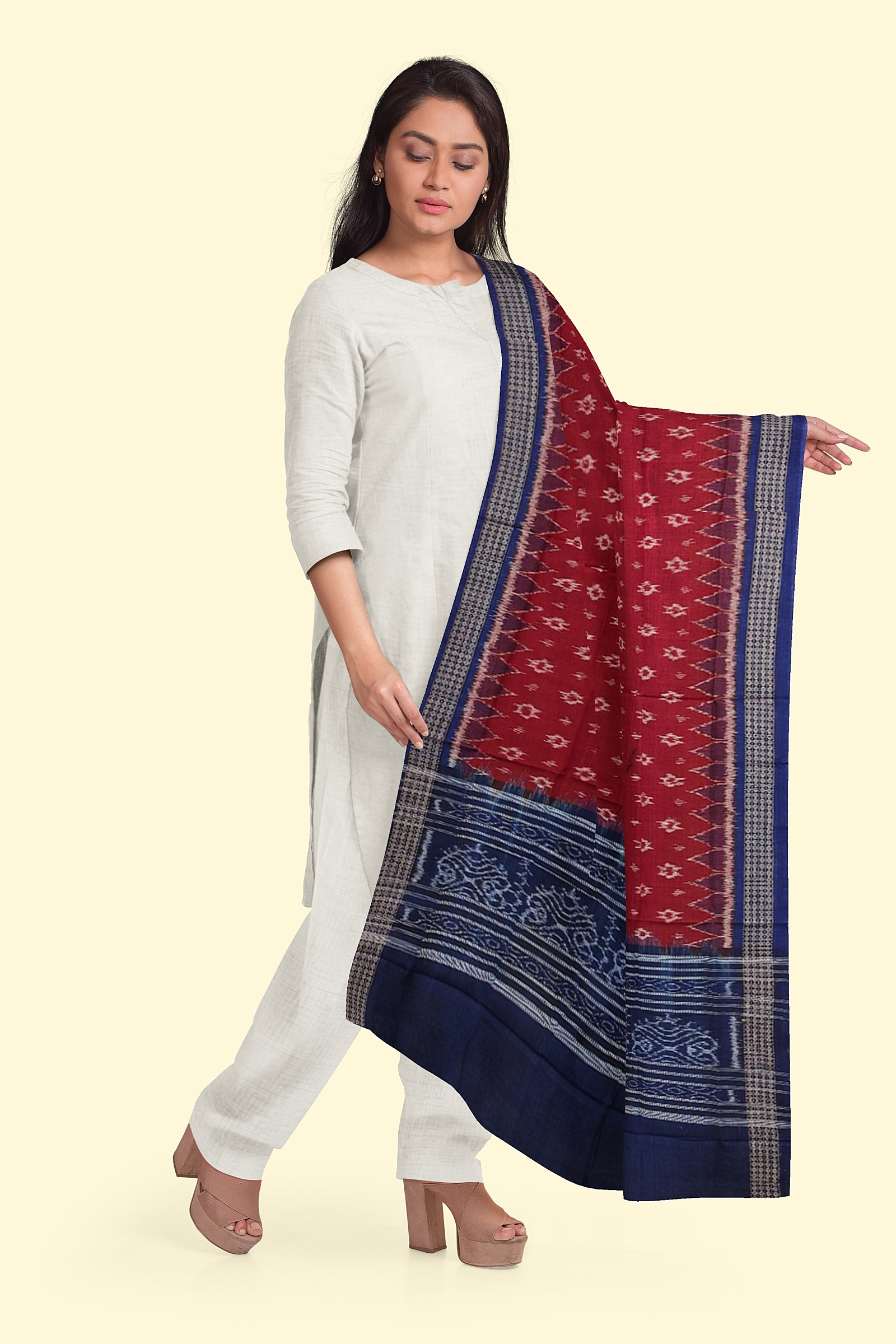 Maroon Blue Sambalpuri Handwoven Single Ikat Cotton Dupatta Image 1